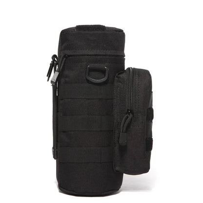 Tactical insulated water bottle pouch with quick-release buckles for easy detachment and reattachment.