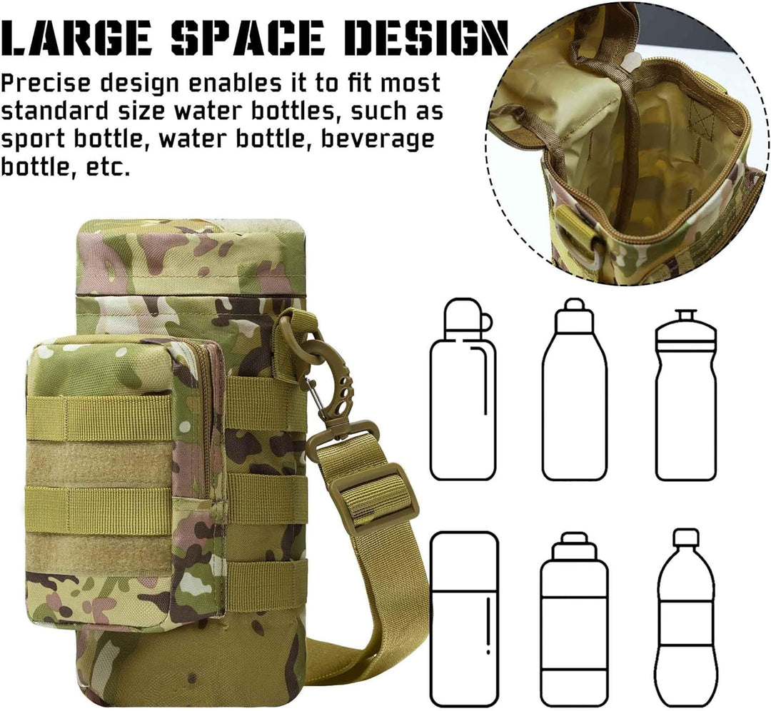 Desert tan tactical insulated MOLLE water bottle carrier, durable nylon for rugged outdoor adventures.