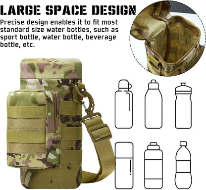 Desert tan tactical insulated MOLLE water bottle carrier, durable nylon for rugged outdoor adventures.