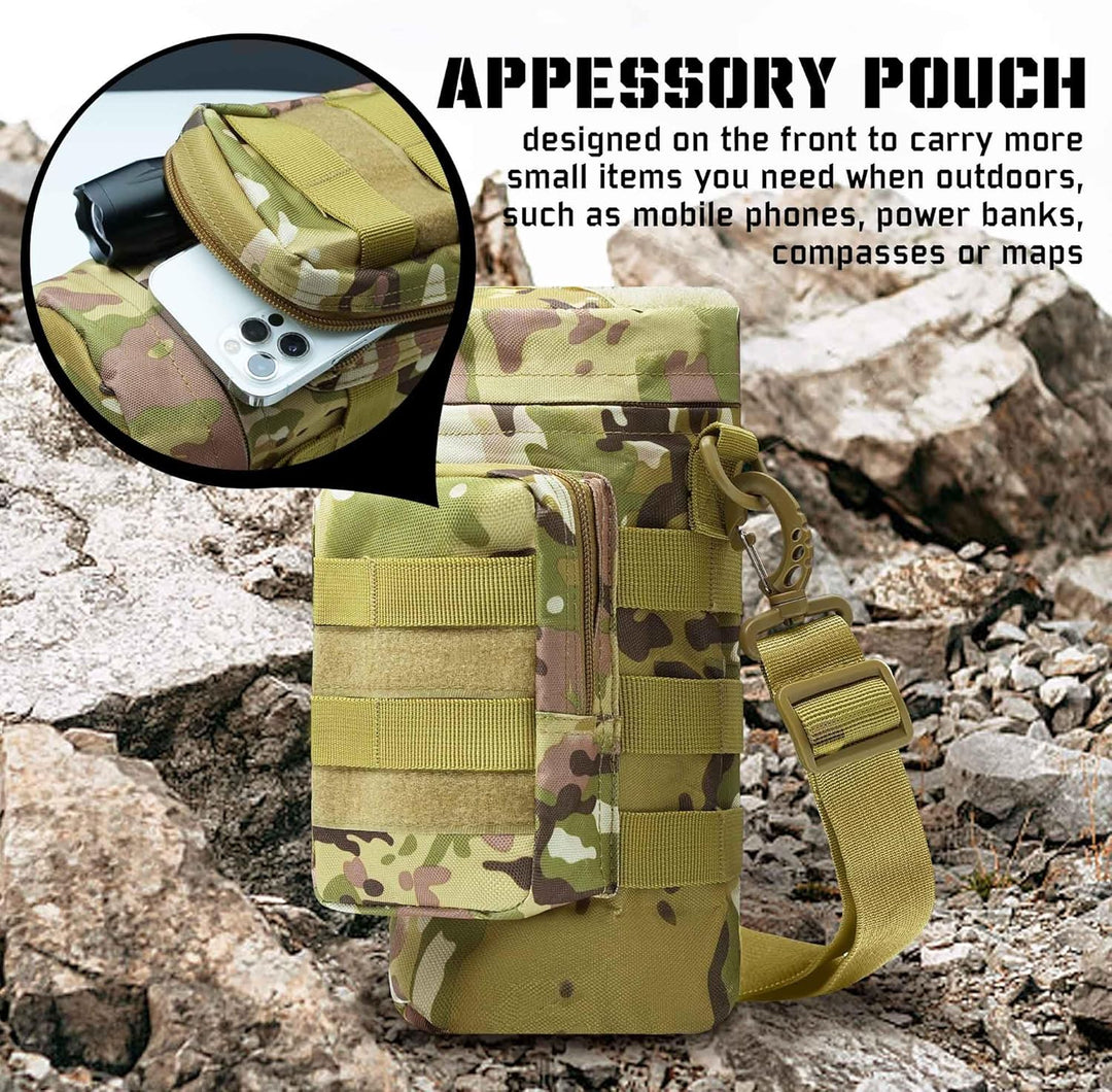 Close-up of tactical insulated MOLLE water bottle pouch, showing rugged construction and attachment points.