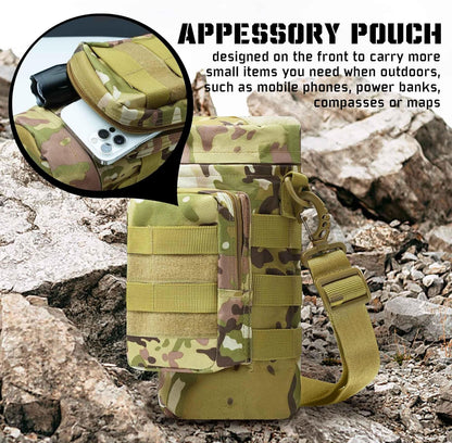 Close-up of tactical insulated MOLLE water bottle pouch, showing rugged construction and attachment points.