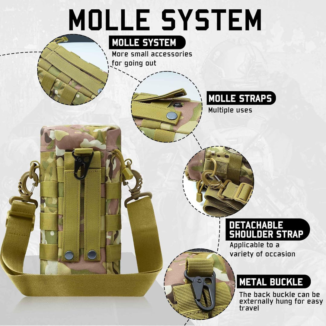Side view of tactical insulated MOLLE hydration pouch, with heavy-duty zippers and insulated lining.