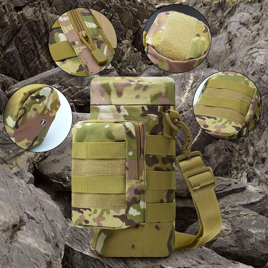 Tactical insulated water bottle utility pouch with main compartment and front accessory pocket.
