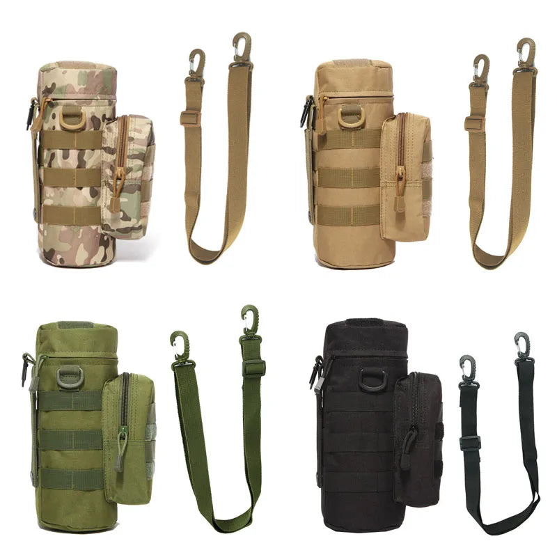 MOLLE water bottle pouch attached to a tactical backpack, illustrating its modular compatibility.