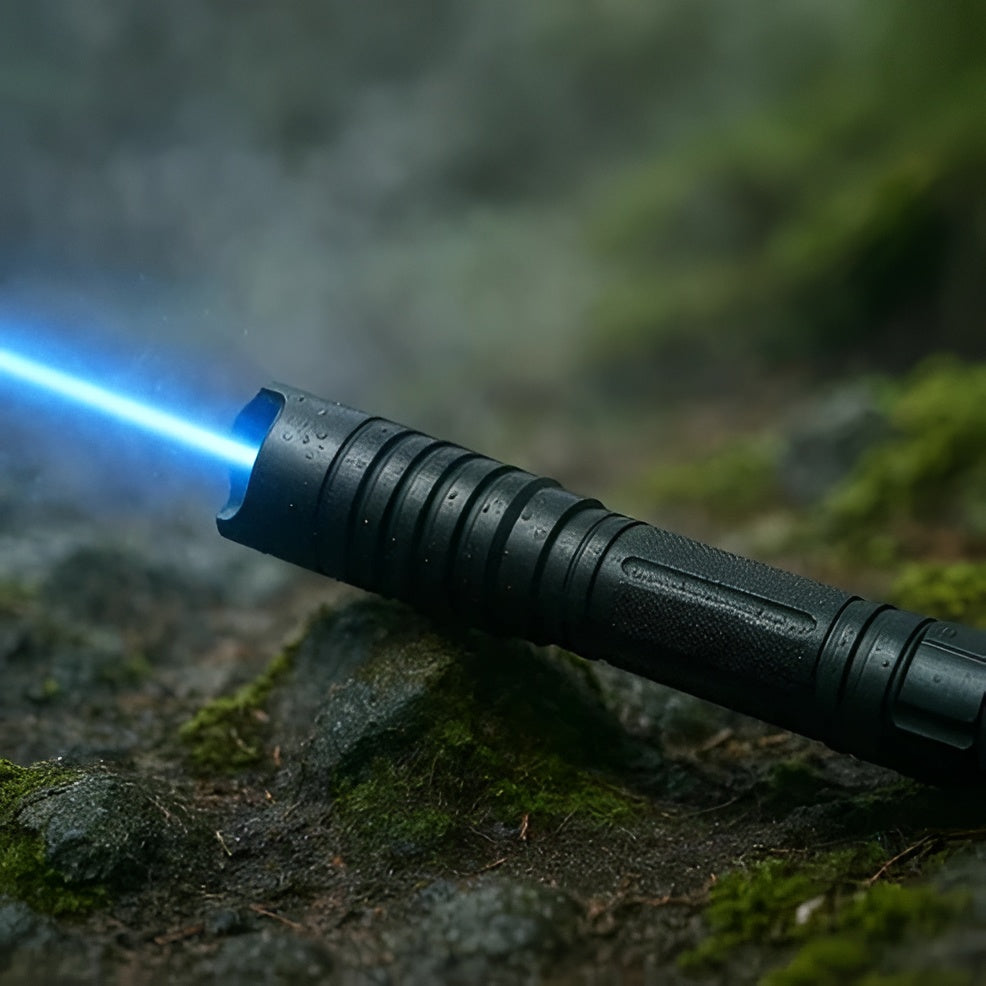 Tactical laser torch, essential outdoor survival tool for camping, hiking, and emergency situations.