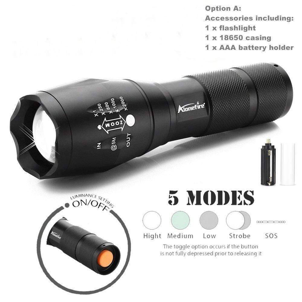 Durable aluminum LED flashlight, portable and zoomable for camping, hiking, and emergency lighting