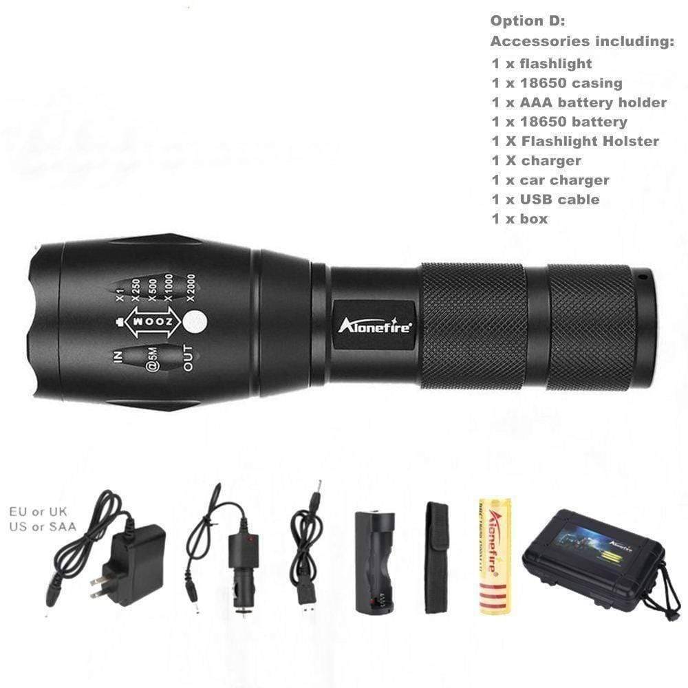 Bright beam from a zoomable LED flashlight, showcasing its high power for outdoor adventures