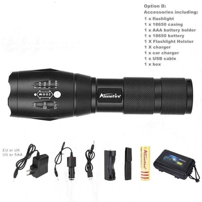 Bright beam from a zoomable LED flashlight, showcasing its high power for outdoor adventures