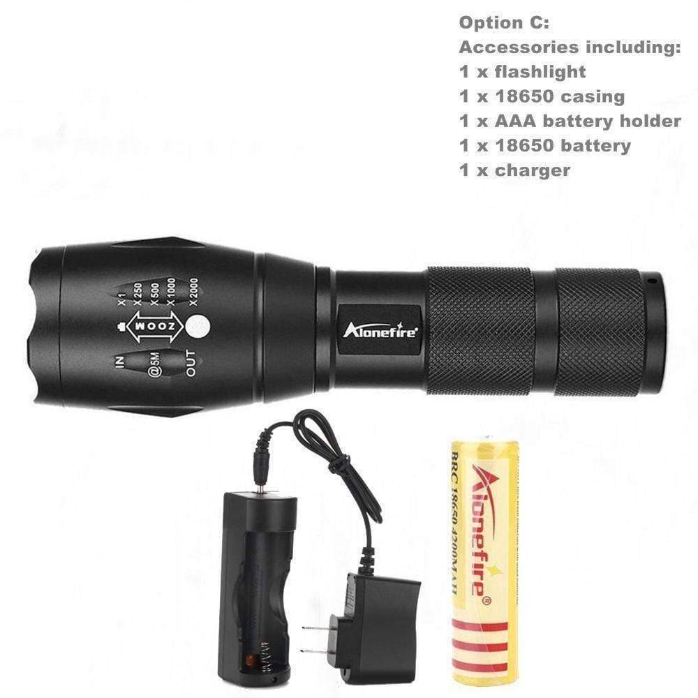 Rechargeable tactical aluminum flashlight next to survival gear, ready for any emergency