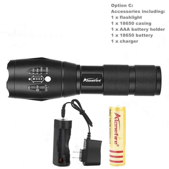 Rechargeable tactical aluminum flashlight next to survival gear, ready for any emergency