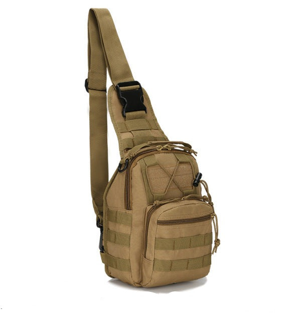 Tactical military sling backpack in black, featuring MOLLE webbing for outdoor hiking.