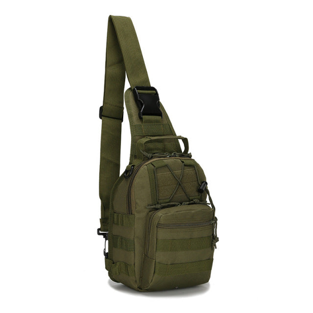 Tactical chest pack in black, with a quick-release buckle, ideal for quick access to essentials.