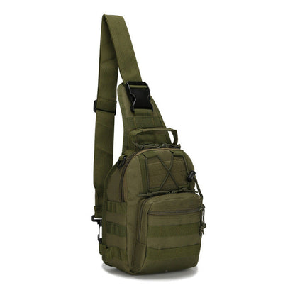 Tactical chest pack in black, with a quick-release buckle, ideal for quick access to essentials.