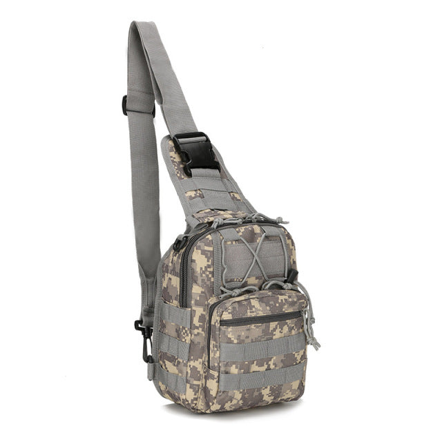 Black tactical sling bag, water-resistant, with an integrated internal organizer for small items.