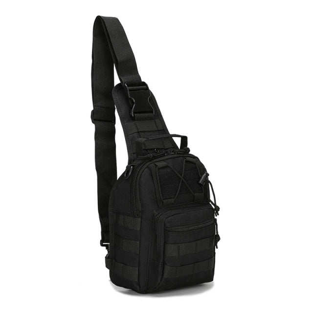 Couple hiking with black tactical sling backpacks, demonstrating their utility as outdoor gear.