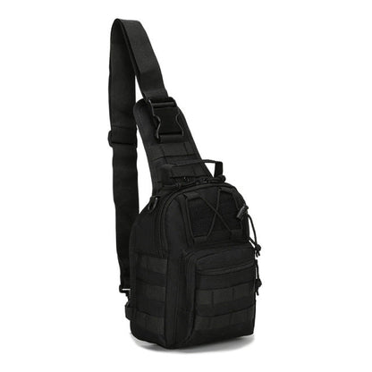 Couple hiking with black tactical sling backpacks, demonstrating their utility as outdoor gear.