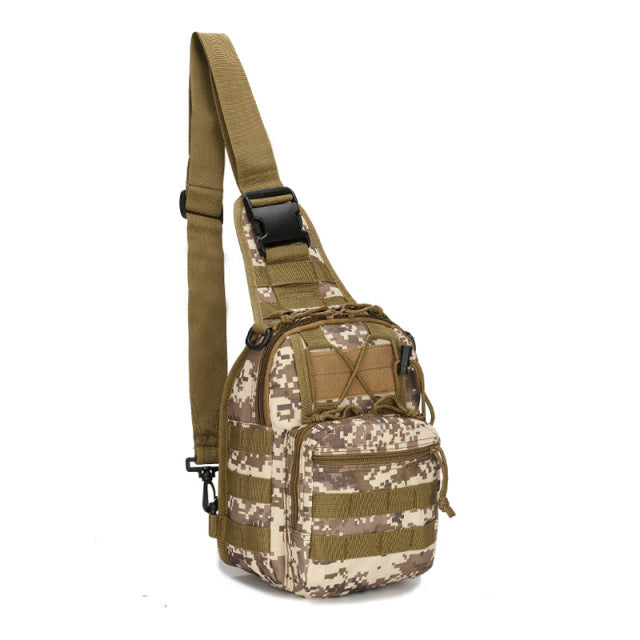 Tactical EDC bag, black, with various tools attached to its MOLLE system, showcasing versatility.