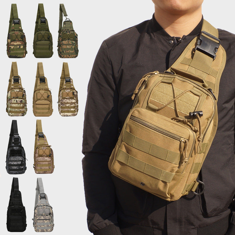 Front view of a rugged black tactical sling bag with multiple compartments and MOLLE system.