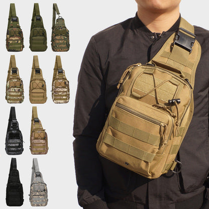 Front view of a rugged black tactical sling bag with multiple compartments and MOLLE system.