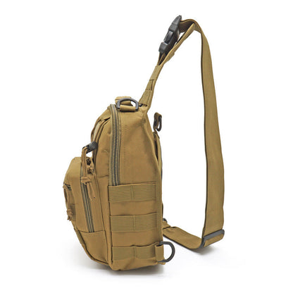 Water-resistant black tactical sling bag with main compartment open, showing ample storage space.