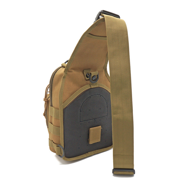 Black tactical sling backpack with a bottle holder, ready for outdoor adventures and hiking.