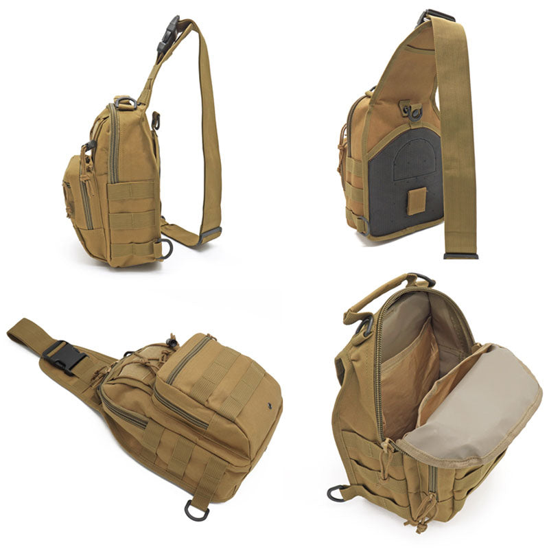 Top-down view of a black tactical EDC bag, highlighting its zippered pockets and rugged build.