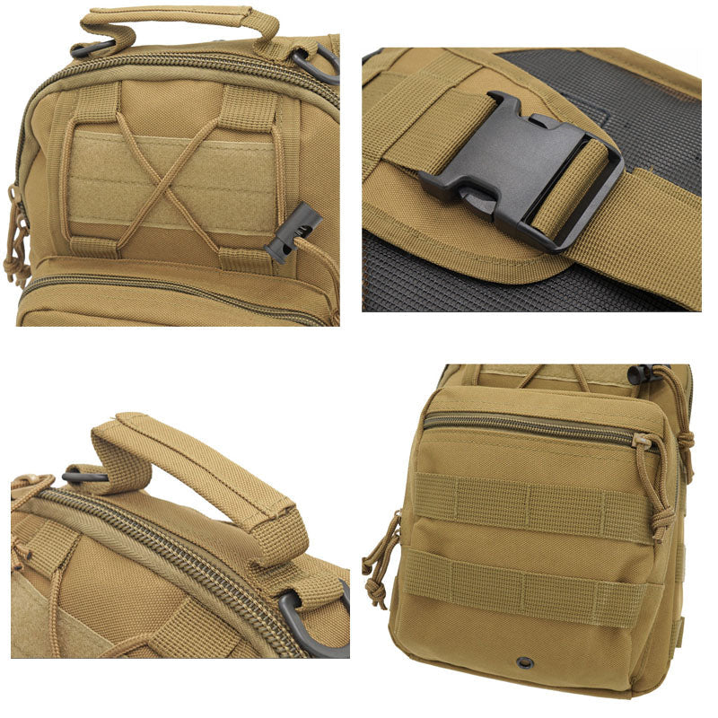 Black tactical military grade sling backpack with a patch panel, perfect for personalized gear.