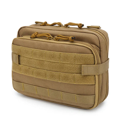 Tan MOLLE admin pouch with integrated magazine holders and multiple utility pockets, ideal for tactical and EDC gear.