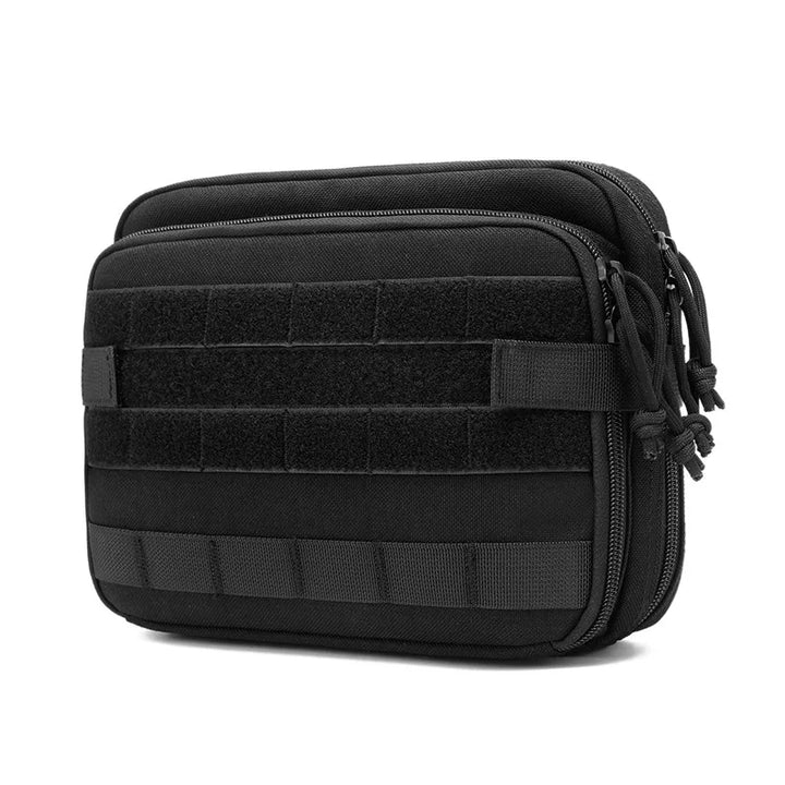 Olive drab tactical admin pouch featuring MOLLE webbing, secure flap closure, and internal dividers for organization.