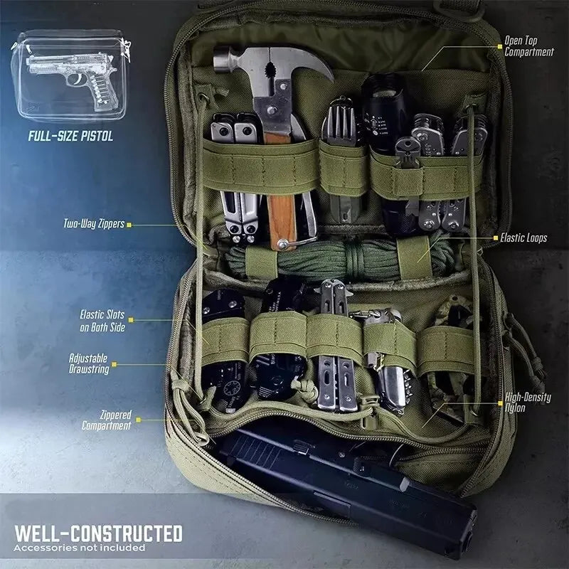 Multicam MOLLE admin pouch, heavy-duty construction, designed for quick access to tools and magazines in the field.