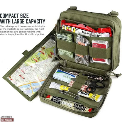 Close-up of a tactical admin pouch displaying internal organization, pen slots, and secure mag storage pockets.