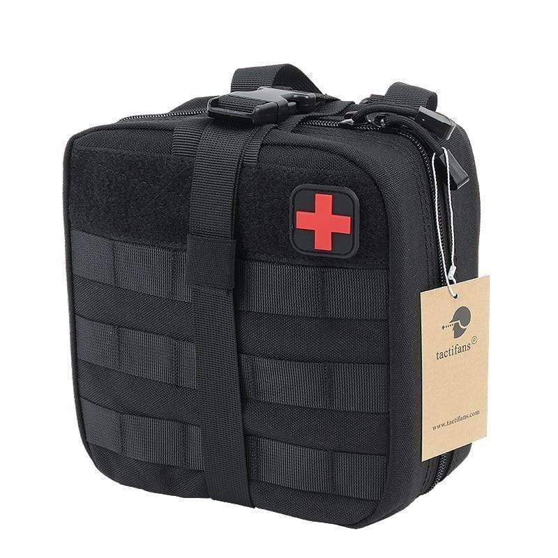 Tactical MOLLE first aid pouch in black, ideal for outdoor survival & camping, showing front view.