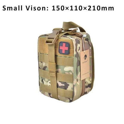 Detailed image of the interior organization of a MOLLE first aid kit, optimized for survival supplies.