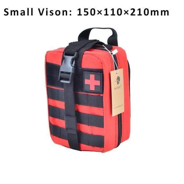 Olive drab tactical first aid pouch, ideal for military, camping, and hiking, with secure MOLLE attachment.