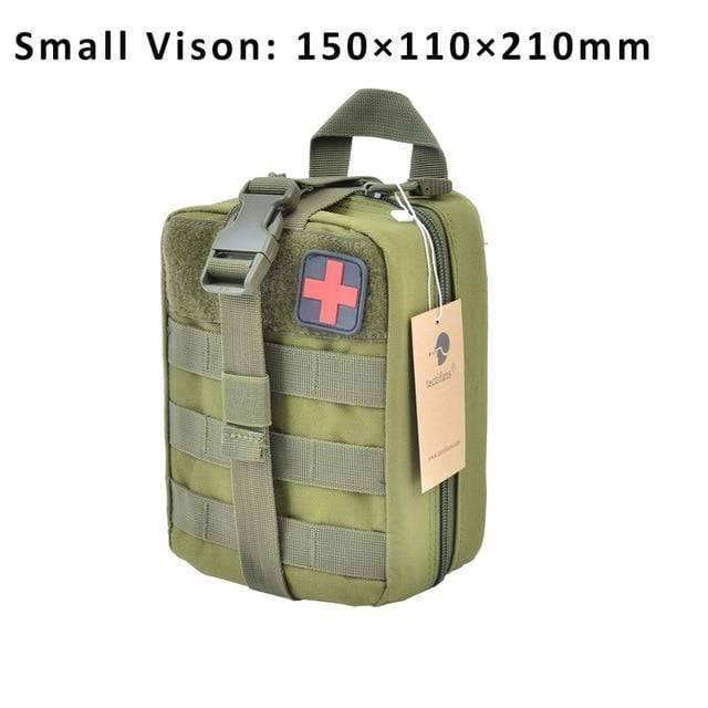 Black tactical MOLLE first aid pouch, standing upright, showcasing its sturdy build for outdoor survival.