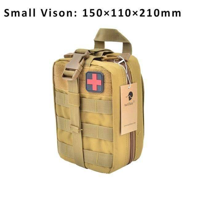 Tan tactical first aid pouch, with all zippers closed, ready for attachment to a backpack for outdoor activity.
