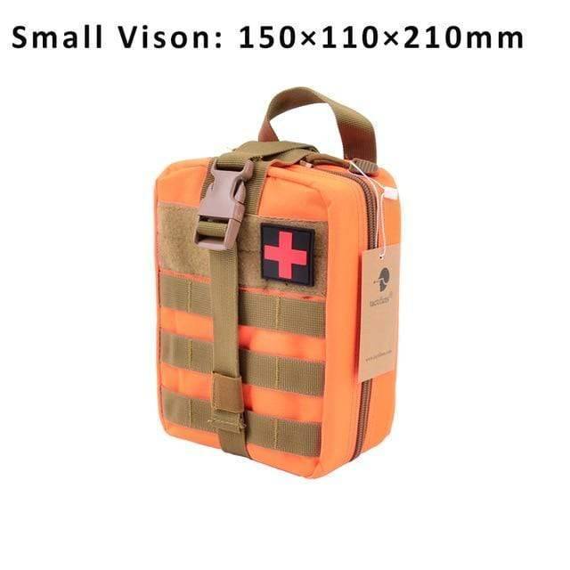 Group of assorted color tactical MOLLE first aid pouches (black, tan, green), for diverse outdoor and survival needs.
