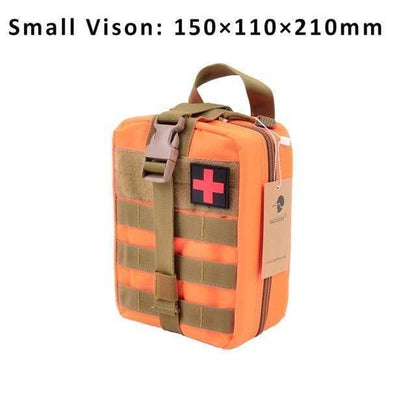Group of assorted color tactical MOLLE first aid pouches (black, tan, green), for diverse outdoor and survival needs.