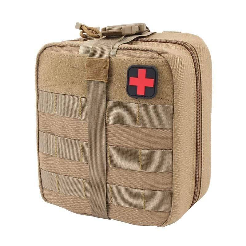Water-resistant tactical first aid bag, closed with prominent red cross patch, essential for outdoor use.