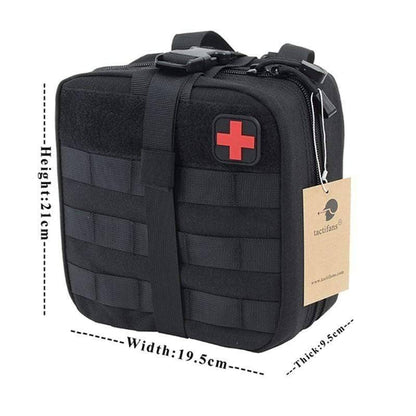 First aid pouch for tactical use, featuring multiple compartments, essential for organizing emergency gear.