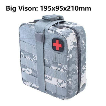 Close-up of MOLLE webbing on a tactical first aid kit, highlighting its attachment system for survival.