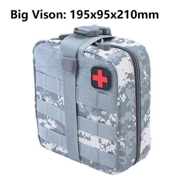Close-up of MOLLE webbing on a tactical first aid kit, highlighting its attachment system for survival.