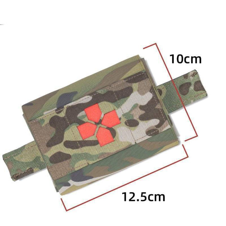 Open tactical MOLLE medical pouch, organized EMT first aid kit contents, survival gear