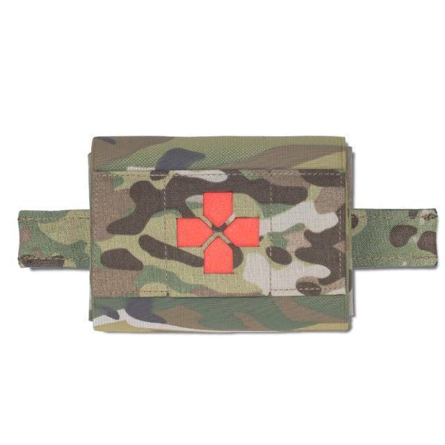 Side view of tactical MOLLE medical pouch, heavy-duty nylon, essential first aid kit