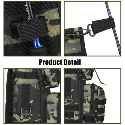 Close-up of tactical fishing tackle bag's spacious main compartment and zippers