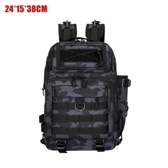 Side view of fishing backpack showing utility pouches and external attachment points