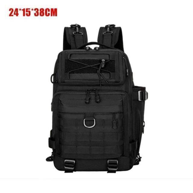 Tactical fishing accessory bag displaying various pockets for tackle organization