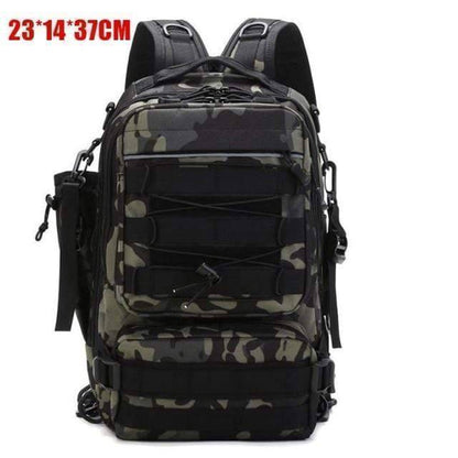 Overhead shot of multi-pocket fishing bag detailing storage compartments and straps