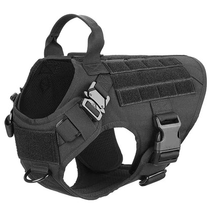 Black tactical no-pull dog harness with reflective trim for night safety