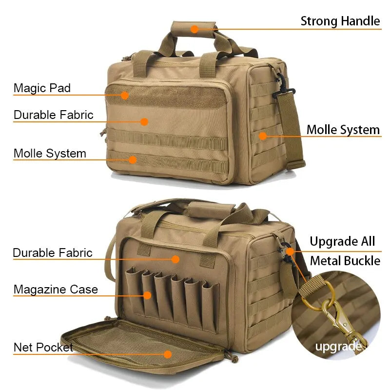 Men's tactical range duffle bag, water-resistant, main compartment open for hunting equipment storage.